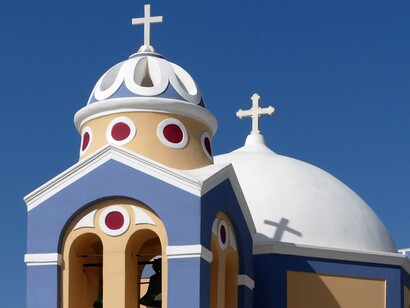 A historic Greek Orthodox church in Fira, Santorini, Greece, reflecting the institutions that preserved Katharevousa in an official and religious settings
