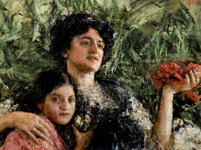 Antonio Mancini Ritratto della signora Pinelli con la figlia, 1911 Olio su tela, 60 X 95 cm. Courtesy of Galleria Bottegantica