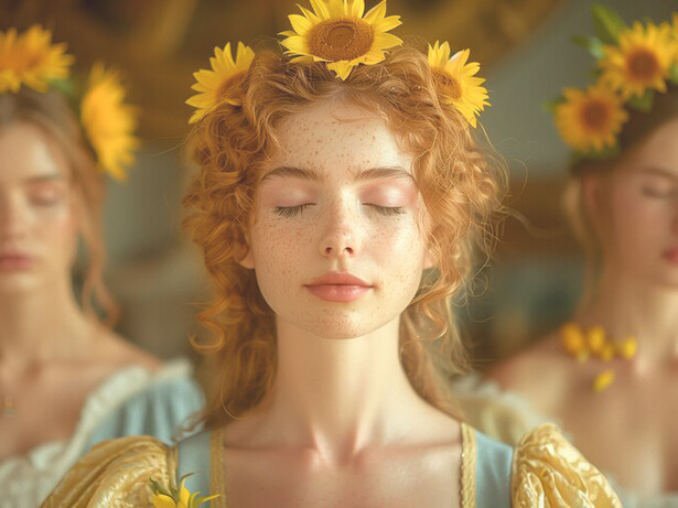 A Renaissance portrait depicts a woman embodying the essence of the sun goddess, symbolizing the transformative power of feminine energy