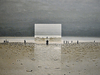 Spiaggia con apparizione, 1999, olio su tela, cm 60 x 80