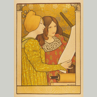 Paul Emile Berthon (1872-1909), Two girls at the printing press (Salon des Arts Liberaux), 1900, colour lithograph on paper. Courtesy of Royal Albert Memorial Museum