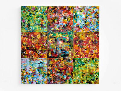 Joan Snitzer, Garden II, 2023,Ink, vinyl emulsion, and pigment on nine birchwood panels, 36 x 1 ⅝, x 36 inches, Photo by Frances Tyska. Courtesy of the artist and A.I.R. Gallery

