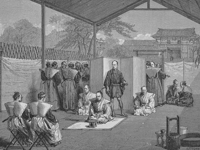 Incisione su legno pubblicata nel 1867 in un libro di racconti di viaggi intorno al mondo (Le Tour du Monde), disegno di L. Crépon adattato da un dipinto giapponese di un artista sconosciuto