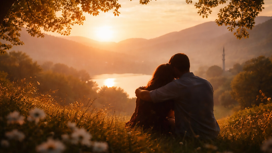 A quiet moment of connection at sunset, where love, stillness, and shared presence reflect the possibility of peace