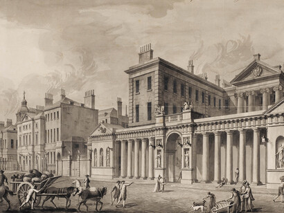 Adam Office, Perspective View in Parliament Street and the Screen for the Admiralty, c. 1760, Pen and ink, and wash, 278 x 440mm