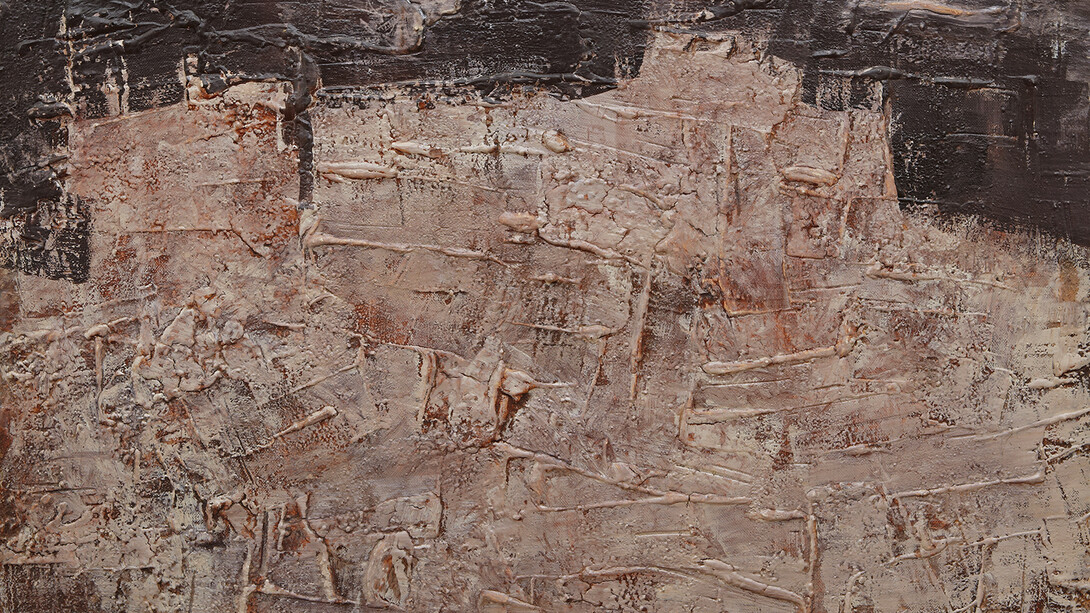 Jean Dubuffet, Paysage aux châteaux de rochers, 1952, Oil on masonite, 36 3/16 x 48 inches (92 x 122 cm). Courtesy Acquavella Galleries © 2014 Artists Rights Society (ARS), New York / ADAGP, Paris