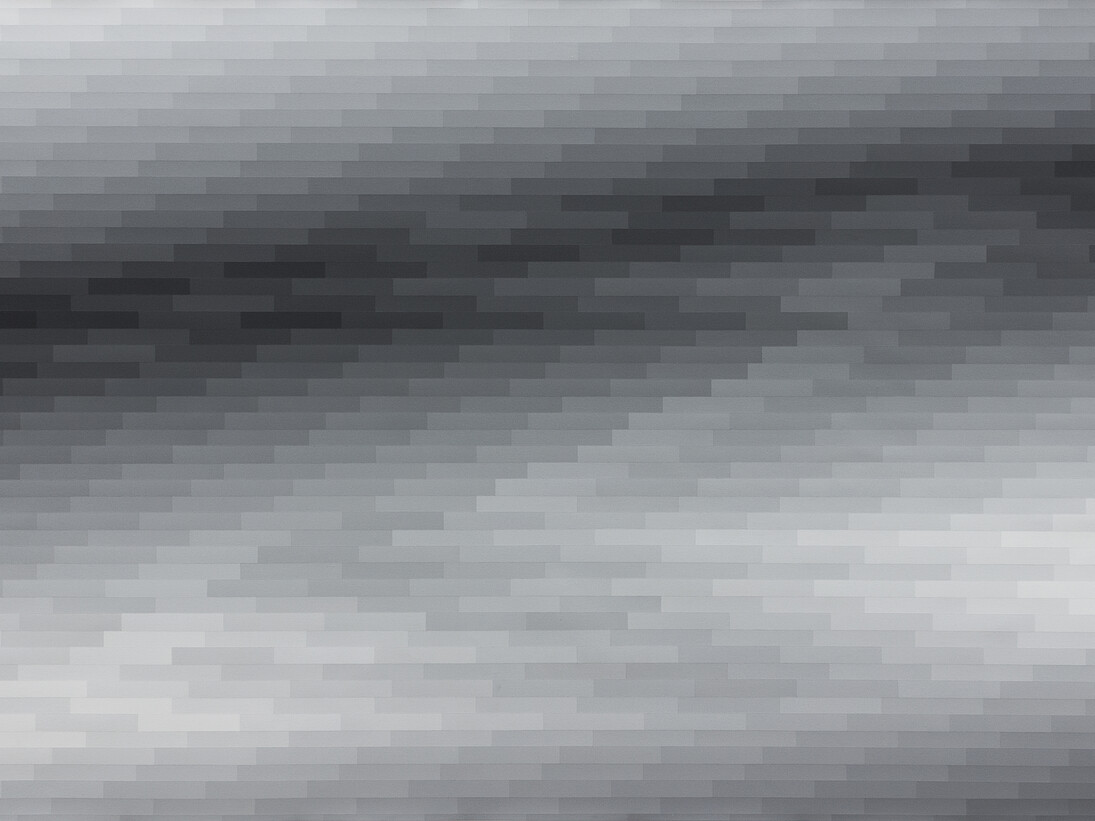 Vista de exposição (detalhe), Mafalda Santos, Baixo Contínuo #1, 2014/15, acrílico sobre tela, 100 x 220 cm, foto: João Ferro Martins, Imagem cortesia das artistas e 3+1 Arte Contemporânea, Lisboa.