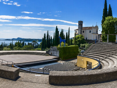 Open-air theatre of the Vittoriale degli Italiani overlooking Lake Garda in Gardone Riviera, Brescia, Italy