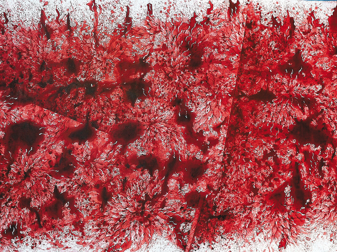 Imran Qureshi, You Who Are U Love and My Life’s Enemy Too, 2015, Acrylic paint on canvas, 198,1 x 464,8 cm (78 x 183 in), Courtesy Galerie Thaddaeus Ropac Paris/Salzburg. Photo: Usman Javed