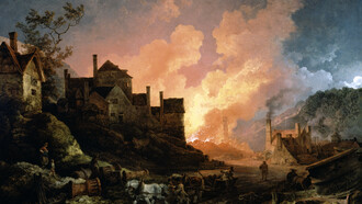 En «Coalbrookdale de noche» Philip James de Loutherbourg (1740-1812) muestra los efectos de una incipiente Revolución Industrial incipiente, cuyas consecuencias criticará ferozmente Robert Owen
