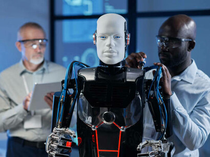 Engineers reviewing the robot's program, exploring digital dialogues in customer service, healthcare, and education through AI