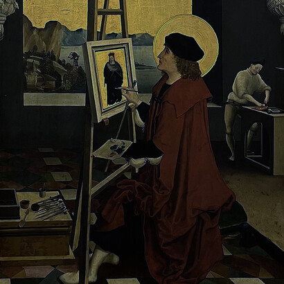 Niklaus Manuel, „Der heilige Lukas malt die Madonna“ (ca. 1515), Öl auf Holz (122X85 cm), Kunstmuseum, Bern. Eine Argumentation mündet in der Annahme, dass Lukas der erste Künstler war, der ein Bild der Mutter Gottes anfertigte