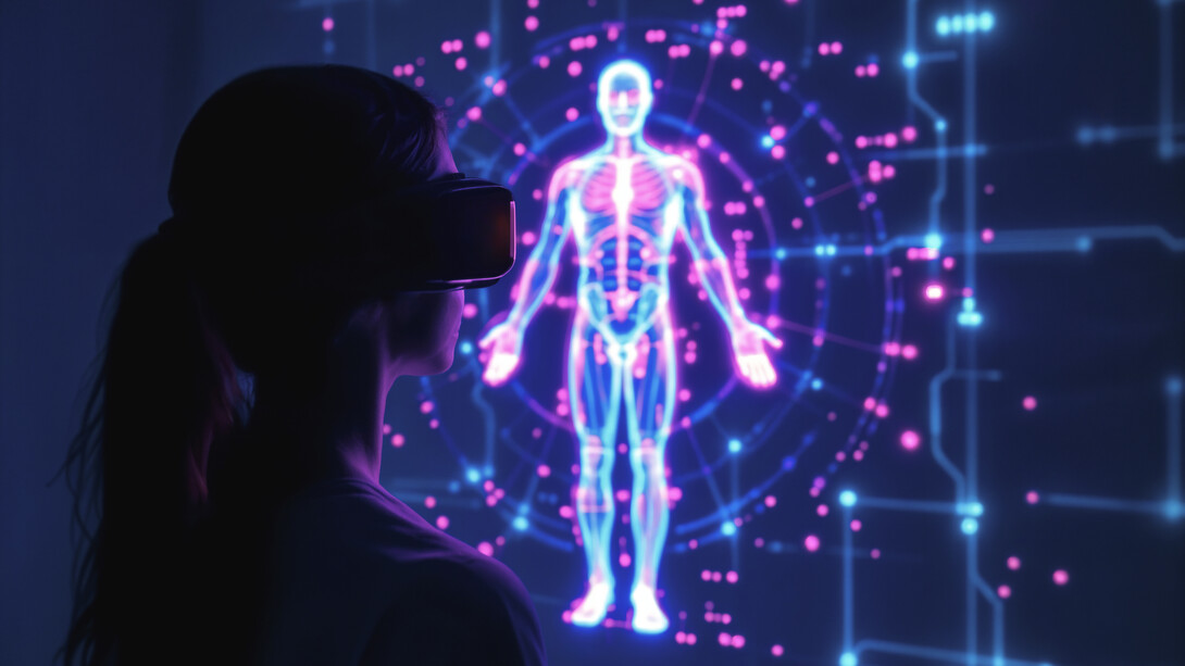 Un utilisateur de réalité virtuelle examine un corps numérique à mesure que les biotechnologies et les systèmes en réseau se rejoignent de plus en plus