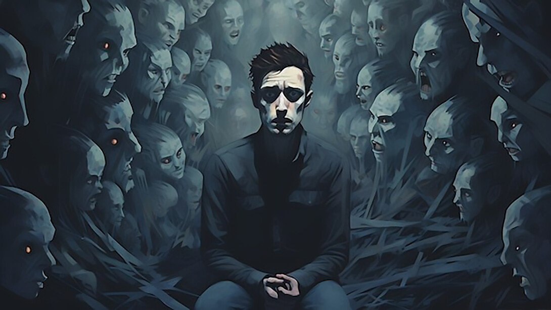 An individual grappling with alienation amid the backdrop of societal, ecological, economic, and political uncertainties