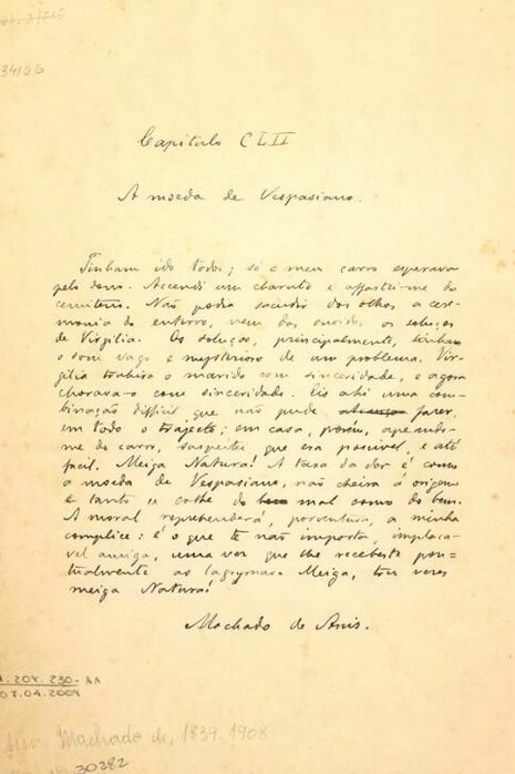 Capítulo CLII : a moeda de Vespasiano, fac-símile do manuscrito de Machado de Assis, pertencente a obra "Memórias Póstumas de Brás Cubas"