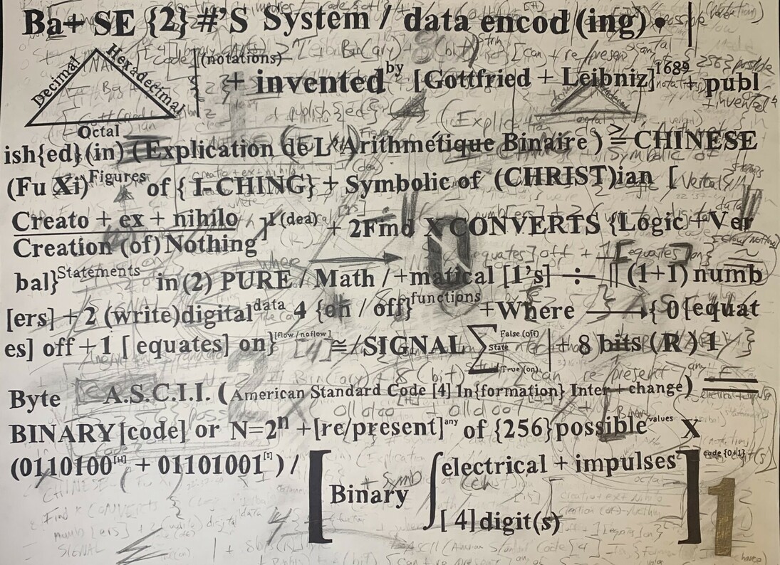 Gabriel Delgado, Binary code, from the Technology series, ink, chalk, graphite on paper, 22x30x3 in