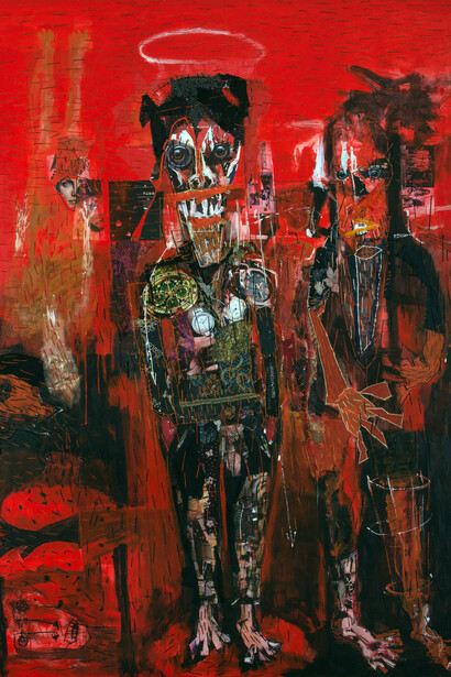 Gatot Pujiarto, Jekyll and Hyde (Dua Sisi), 2015, Magazine paper and acrylic on canvas, 200 x 150 cm; 78 3/4 x 59 in.