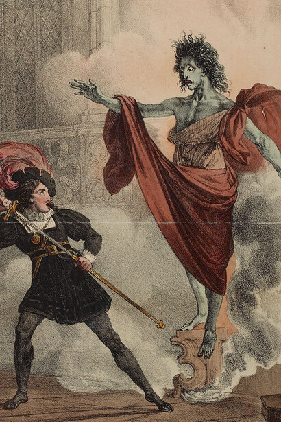 Jean-François Vilain,Théâtre de la Porte St. Martin, Le monstre, acte premier, scène dernière, ca. 1826, color lithograph. Département des Arts du spectacle—Bibliothèque nationale de France.