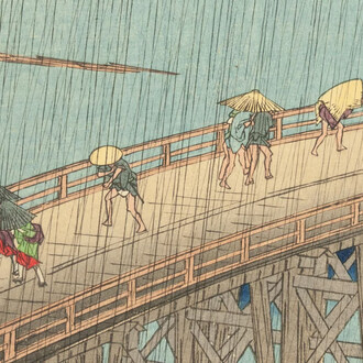 Utagawa Hiroshige 歌川 広重, Sudden shower over Shin Ohashi Bridge and Atake (Ohashi Atake no yudachi) (detail), 1857. Courtesy of Art Institute of Chicago