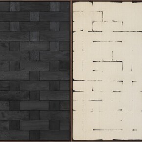 Davide Balula, Burnt Painting, Imprint of the Burnt Painting (A —-—-), 2015, Charred wood, coal dust on linen, Each panel: 217.2 x 125.7 cm / 85 1/2 x 49 1/2 ins