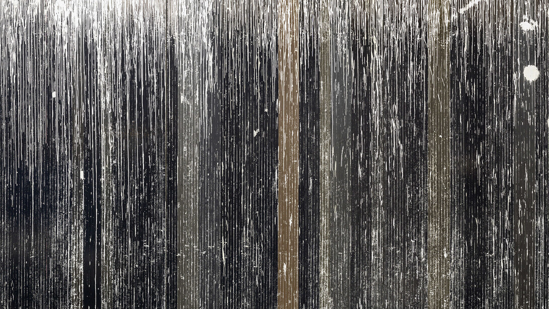 Gregor Hildebrandt, White rain falling on a stubble field, 2015, Cassette tape, adhesive tape and acrylic paint on canvas, 303 x 480 cm