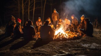 Travellers gathered around a glowing campfire, representing the human desire to find connection through shared experiences