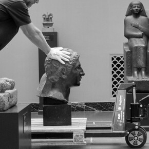 A recarved portrait of a Ptolemaic ruler is being prepared for the exhibition. Courtesy of Glyptotek. Photo by Anders Sune Berg