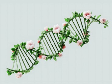 A DNA structure with flowering vines, reflecting the adaptability of gene expression in response to the environment