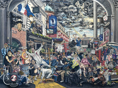 Henry Hudson, Plate 3, Protest and Performance, varnished plasticine on board, 183 by 245 cm.; 72 by 96½in.
Executed in 2014