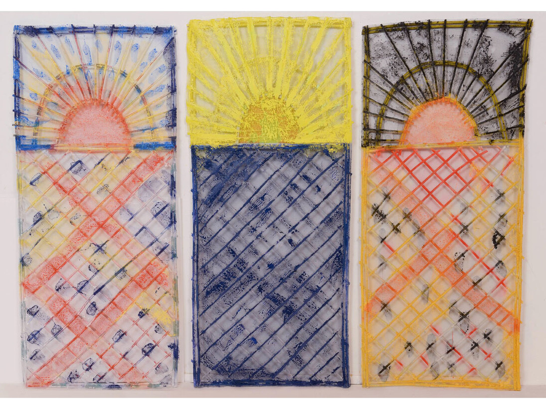 Daniel Dezeuze, Nervures, 2013, 3 panels, painting on wood, aluminium, 150 x 66 cm chacun (in.), Courtesy Galerie Daniel Templon