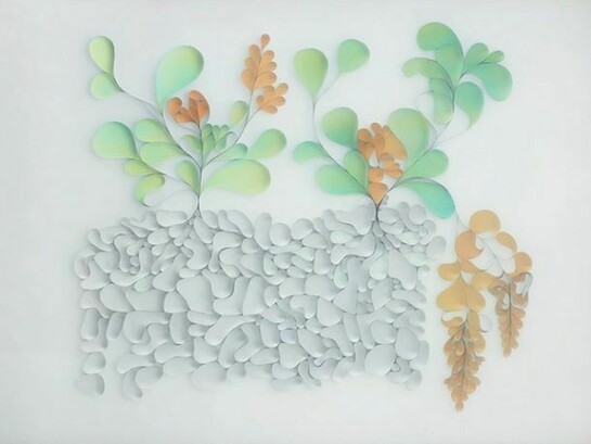 Hunt Rettig, Accrued Accompaniment, 2013, Polyester Film, Synthetic Rubber and Acrylics, 70 x 90 Inches