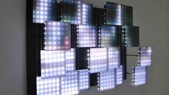 Jim Campbell, Untitled (Commuters), 2014, LEDs, metal, wire, custom electronics, 43 x 63 x 18 1/2 inches