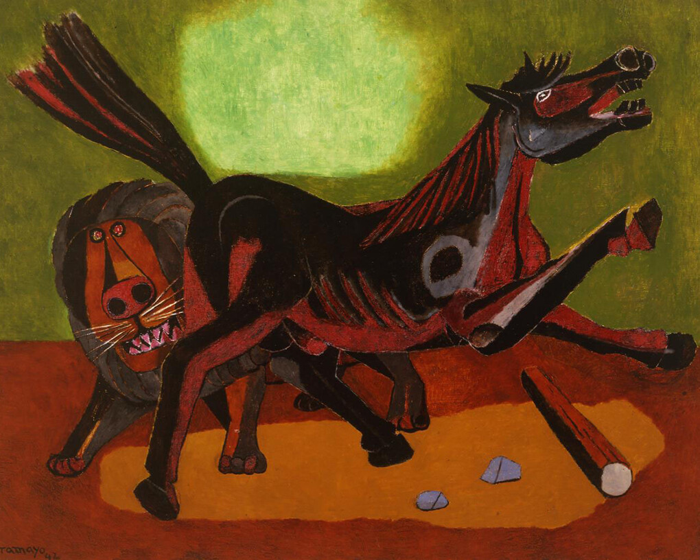 Rufino Tamayo, Lion and Horse [León y caballo], 1942, oil on canvas, 36 1/4 x 46 1/2 in. Mildred Lane Kemper Art Museum, Washington University in St. Louis, University purchase, Kende Sale Fund, 1946 © Tamayo Heirs/Mexico/Licensed by VAGA, New York, NY.