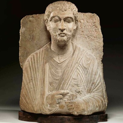 Anonymous (Palmyrene), Funerary Relief of Malkô from Palmyra, mid 3rd century, Palmyrene Empire, Limestone, 23 x 18 x 7 1/2 inches. Collection of Middlebury College Museum of Art. Purchase with funds provided by the Walter Cerf Art Fund, 2009.002