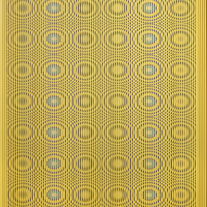 Alberto Biasi, Yellow Rain, 1992, lamelles de PVC sur bois, 103 x 88 x 4 cm, Courtesy Tornabuoni Art