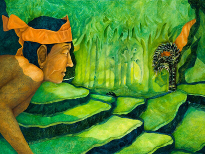 Agostino De Romanis. Miraggio della foresta, 2005, olio su cartone con inserto ceramico, cm. 80 x 120