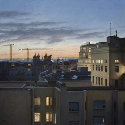 Quadrigas Over Madrid /Cuadrigas Sobre Madrid, 2015, oil on canvas mounted on panel, 59 x 59 inches
