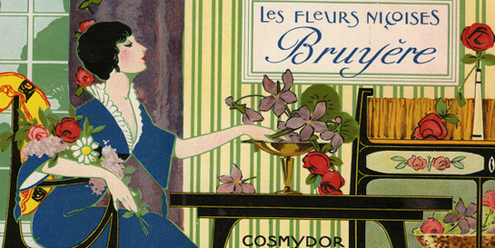 Les fleurs niçoises Bruyère,1930-40, Pubblicità profumeria Cosmydor, Parigi, Etichetta per scatola di saponi profumati


