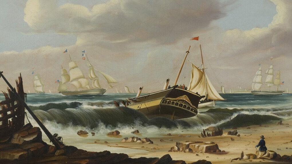 Thomas Chambers
American, born England, ca. 1808‒1869
Rockaway Beach, New York, with the Wreck of the Ship “Bristol”
ca. 1837‒40
Oil on canvas
21 ¾ x 30 3/8 in. (55.2 x 77.2 cm)
Sidney and Lois Eskenazi Museum of Art, Morton and Marie Bradley Memorial Collection