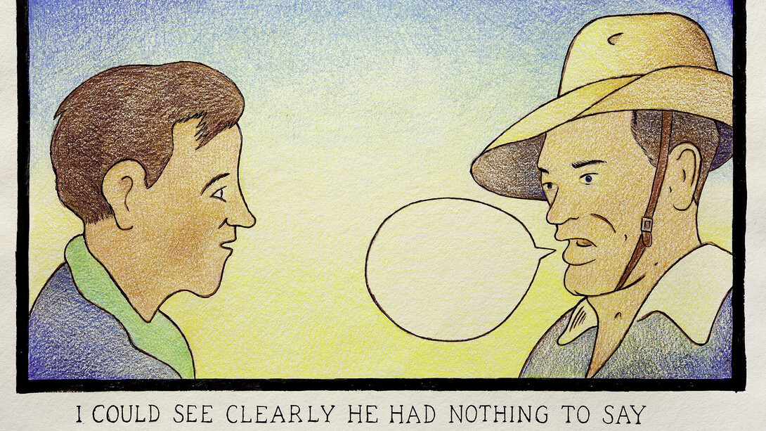 Glen Baxter, I could see clearly he had nothing to say, 2014, Ink and crayon on paper, 60 x 80 cm / 23 5/8 x 31 1/2 in, Courtesy of Flowers Gallery, London and New York