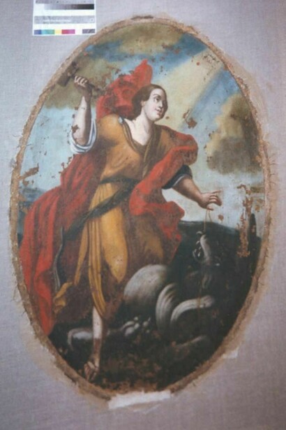 Ignoto,_ Margherita di Antiochia_, max cm 110 x 82, Complesso Conventuale dei Cappuccini, Tricase, (LE). Stato al termine delle operazioni conservative e prima di qualsiasi integrazione.  