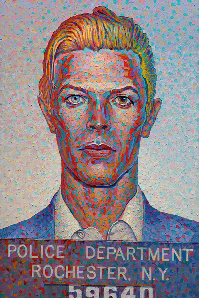 Raymond Logan, David Bowie mugshot (detail), 2023. Courtesy of Billis/Williams Gallery