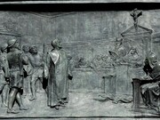El proceso de Giordano Bruno ante la Inquisición romana. Relieve en bronce de Ettore Ferrari (1845-1929), Campo de Fiori, Roma