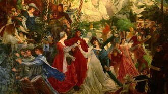 Marie Alexandre Valentin Sellier, La farandole de Pétrarque (La farandola di Petrarca), olio su tela, 1900. Sullo sfondo si può notare il Castello di Noves, nella località di Valchiusa, il luogo ameno in cui Petrarca trascorse gran parte della sua vita fino al 1351, anno in cui lasciò la Provenza per l'Italia