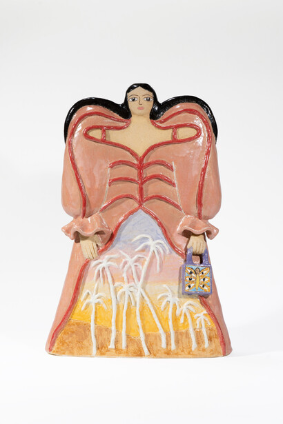 Maryam Yousif, Habibti in Artery Landscape Dress, 2023, glazed stoneware, 20 1⁄2x3 1⁄2x5 1⁄2 inches. Courtesy of the artist and The Pit Gallery