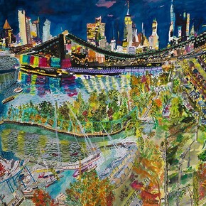 Olive Ayhens,
Expanse: Brooklyn Bridge Park,
2023,
Watercolor and ink on paper,
22.25 x 30.25 inches. Courtesy of the artist and Bookstein Projects