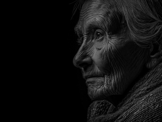 Em preto e branco, o perfil de uma mulher idosa revela um rosto marcado pelas rugas e uma expressão pensativa. A luz e as sombras realçam os traços de uma vida atravessada pelo tempo, conferindo ao retrato uma intensidade silenciosa. O envelhecimento transforma o corpo, mas não apaga a história, a identidade ou a dignidade de quem envelhece. Talvez seja justamente nesse rosto que encontramos um lembrete de que a força não precisa permanecer visível para continuar fazendo parte de quem somos