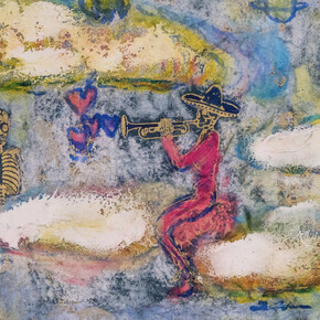 Takuma Tanaka, Parade, 2023, Japanese paper, pen, oil pastel, mixed media on canvas, 17.8x14 cm. Courtesy of the artist and The Wall Art Gallery