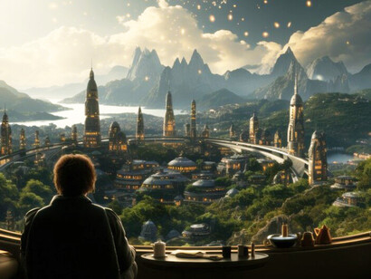 A lone figure looking up at a mystical, futuristic sky that hints at an uncertain civilization to come