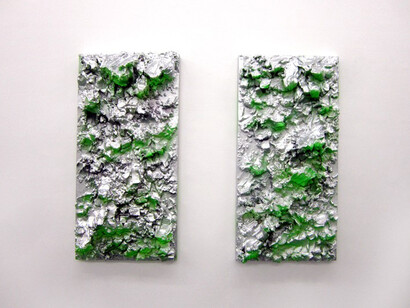 Adham Faramawy, Look Good, Feel Good, 2013,
Plaster, jesmonite and paint on wood, 100 x 50 cm each (two panels)
